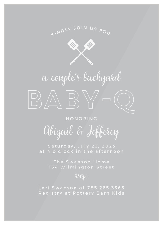 Invite friends and family to honor both parents-to-be at a backyard party with the Baby-Q Clear Baby Shower Invitations.