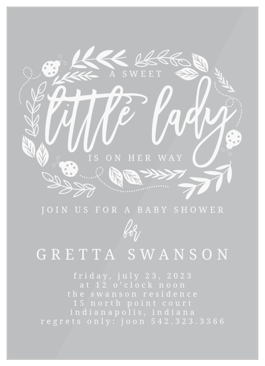 Cordially invite friends and family to celebrate the mom-to-be with the Little Lady Clear Baby Shower Invitations.