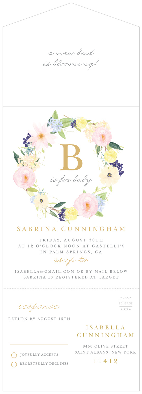 A large, monogrammed and gold foiled "B" sits within a softly colored flower crown for our B is for Baby Seal & Send Baby Shower Invitations.