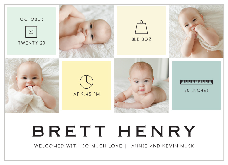 Share your joy with all your friends and loved ones with the Baby Icons Birth Announcement.