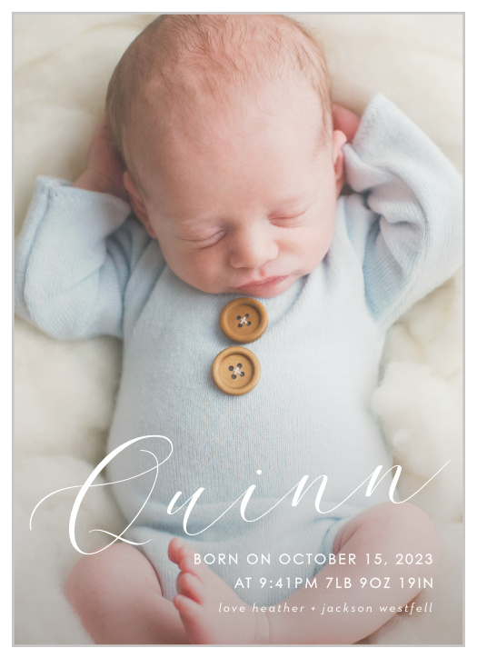 Our Cute Cursive Birth Announcements are the perfect way to show off your new bundle of joy to your closest family and friends.