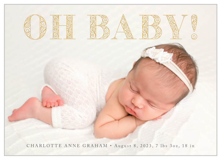 Shout it from the rooftops with our Ornate Baby Foil Birth Announcements.