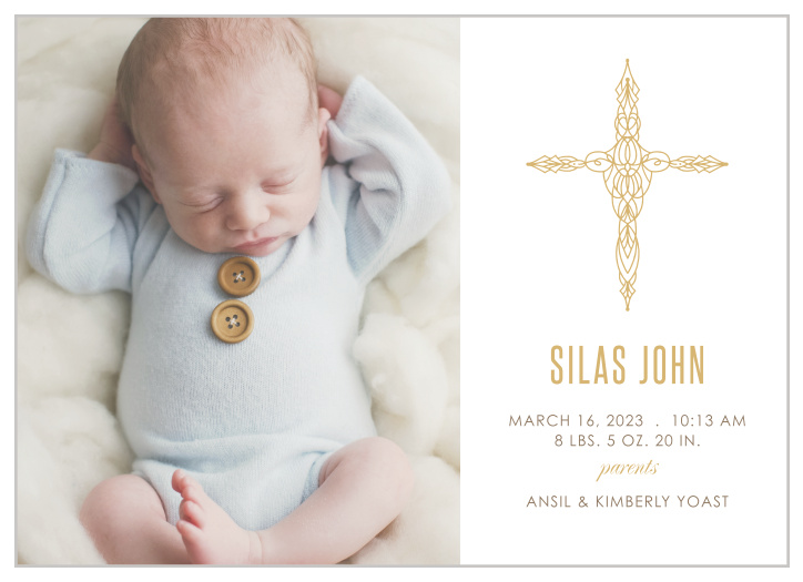 Share your joy with all your friends and loved ones with the Blessings Cross Birth Announcement.