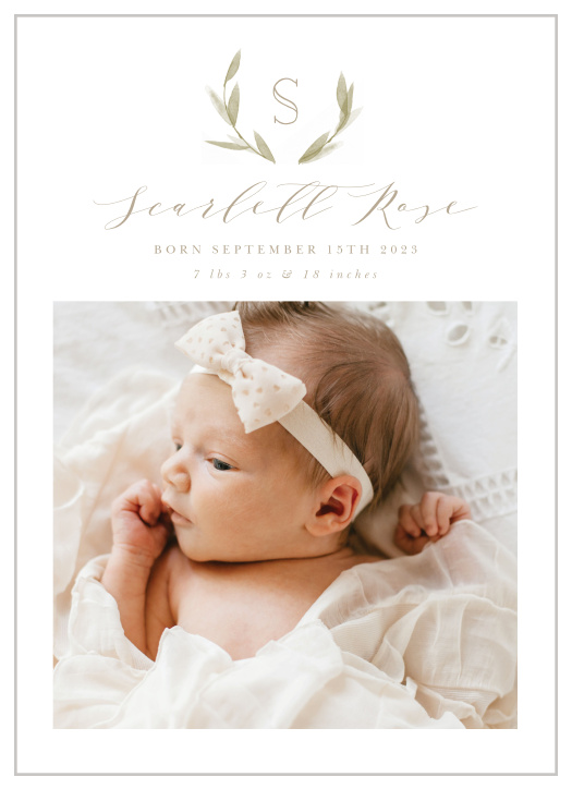 Our Leaf Monogram Birth Announcements are perfect for introducing your new bundle of joy to your family and friends.