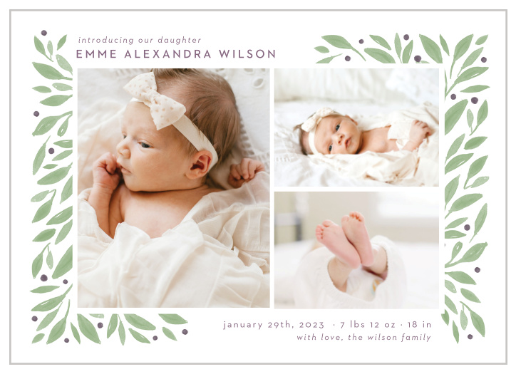 Share your joy with all your friends and loved ones with the Delicate Leaves Birth Announcement. 