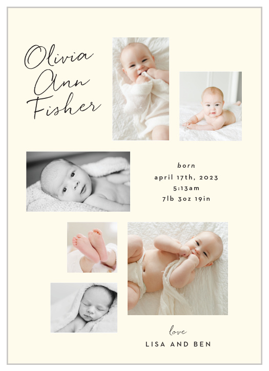 Share your joy with all your friends and loved ones with the Photo Arrangement Birth Announcement. 