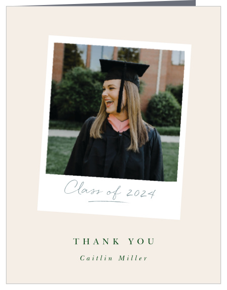 Our Polaroid Picture Graduation Thank You Card is a sweet, simple way to thank your family and friends for their support in your graduation and future endeavors!