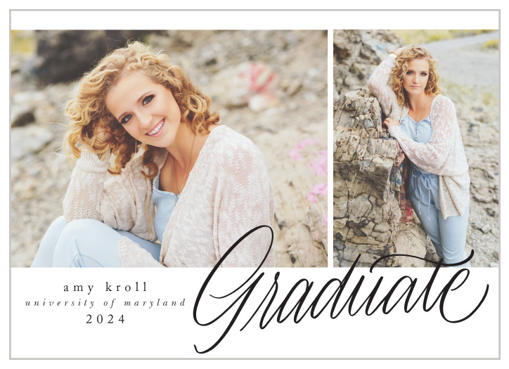 Looking for announcement cards that show off your graduation pictures with a clean background, and little words? Our Cursive Script Graduation Announcement Cards may be just what you're looking for!