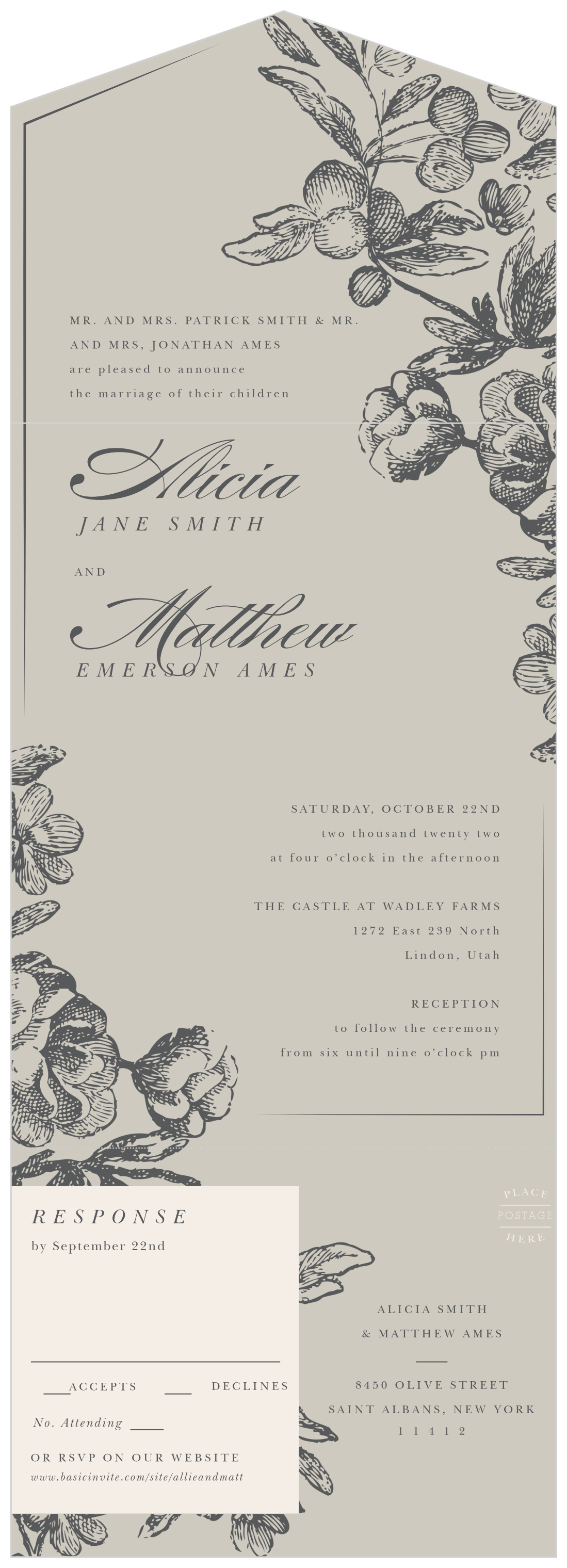 Engraved Floral Seal & Send Wedding Invitations by Basic Invite