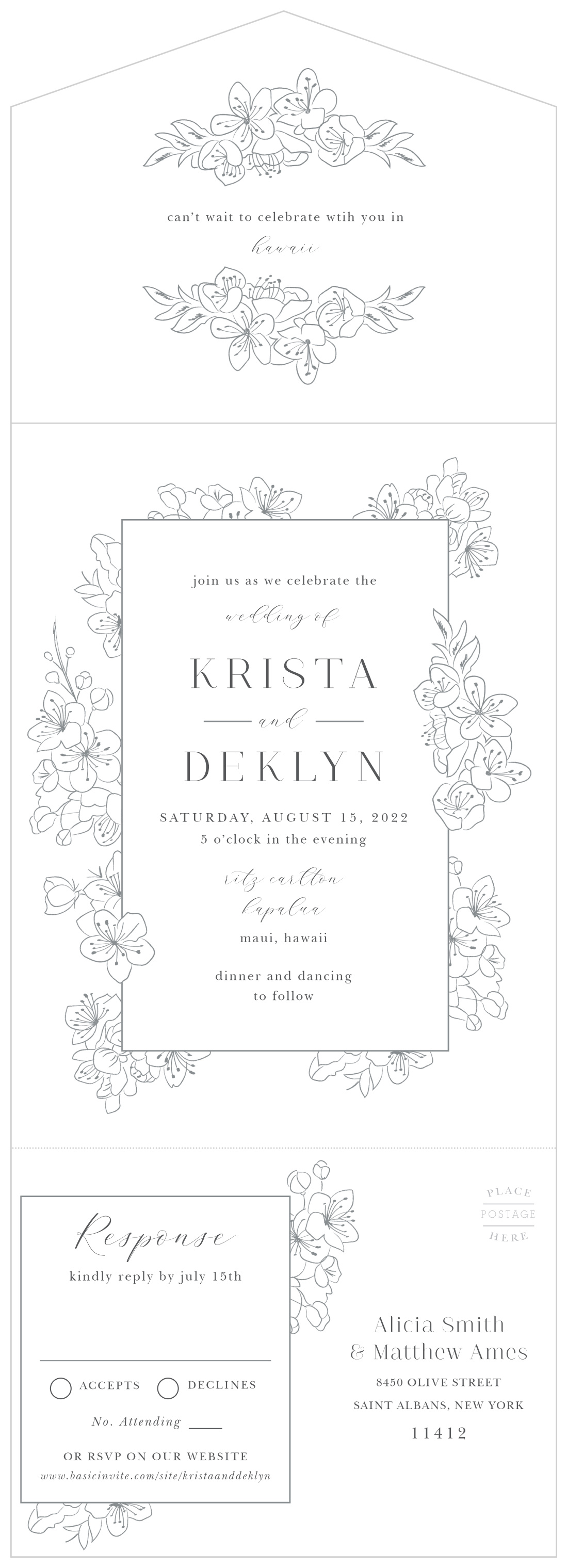 Sketched Florals Seal & Send Wedding Invitations by Basic Invite