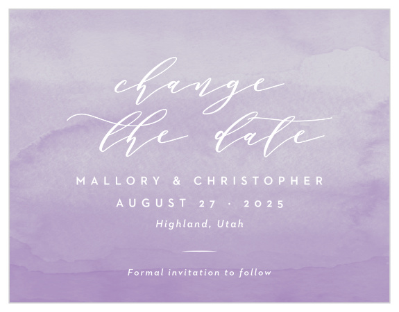 Let your family and friends know that you are postponing your big day with our Lilac Dip Dye Change the Date Cards.