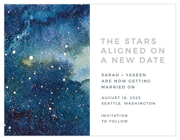 Need to change plans? No problem. Our Starry Galaxy Change the Date Cards are here to make things a little easier.