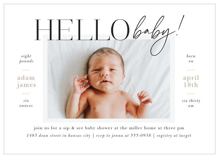 Invite everyone to say hello to your new little one, with our Hello Baby Baby Shower Invitations!