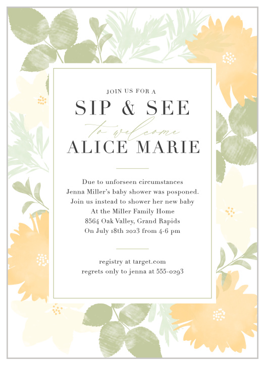 Had to postpone your baby shower? Invite everyone to a Sip & See instead! With our Garden Sip & See Baby Shower Invitations.