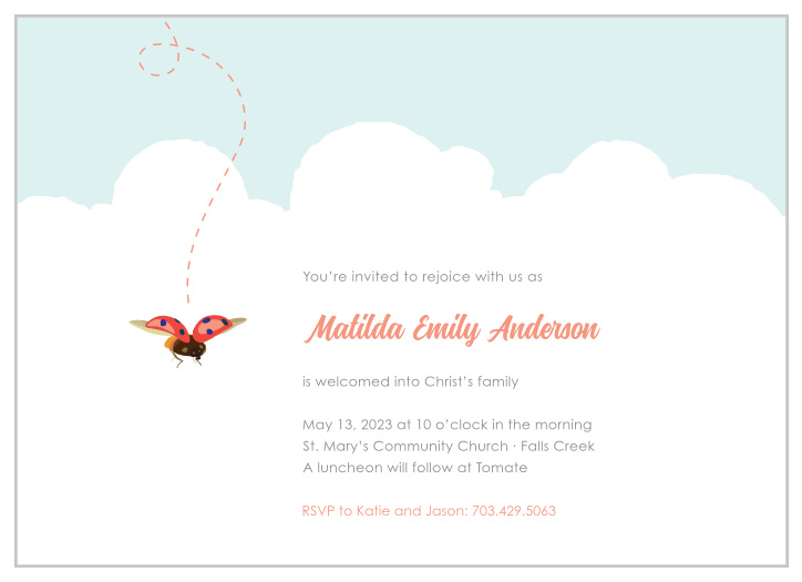 A lively ladybug flutters among cushiony clouds on the Baby Bug Girl Christening Invitations. 
