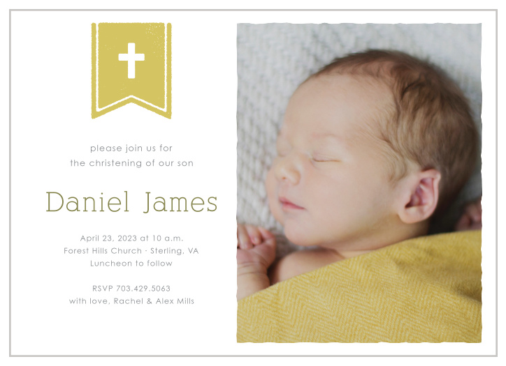 A cross on a flag complements your son's photo on the Banner and Cross Boy Christening Invitations. 