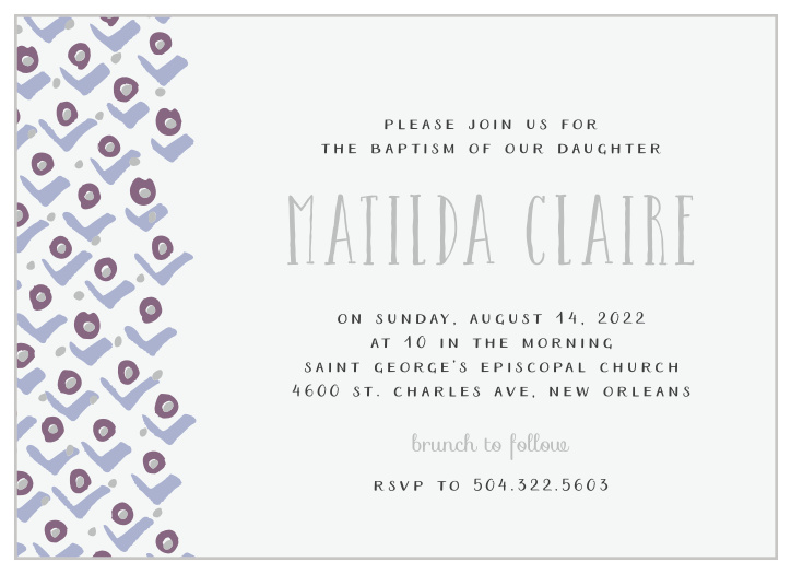 A stylized pattern of rosebuds cascades down the left-hand side of the Blushing Buds Foil Girl Christening Invitations.