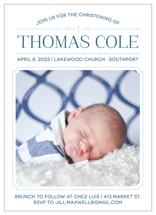 Invite friends and family to celebrate your son's christening with the Classic Cross Boy Christening Invitations. 