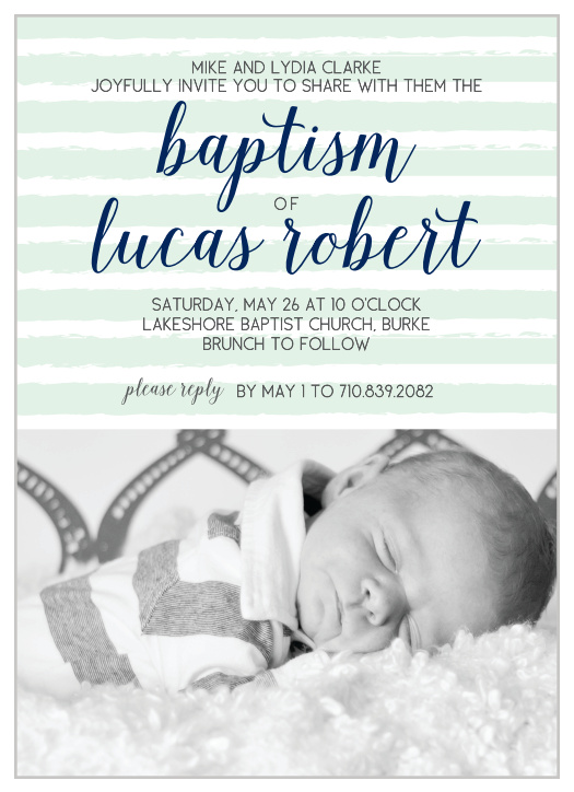 Customize the Brushed Stripes Boy Christening Invitations with a picture of your tiny man at the bottom. 