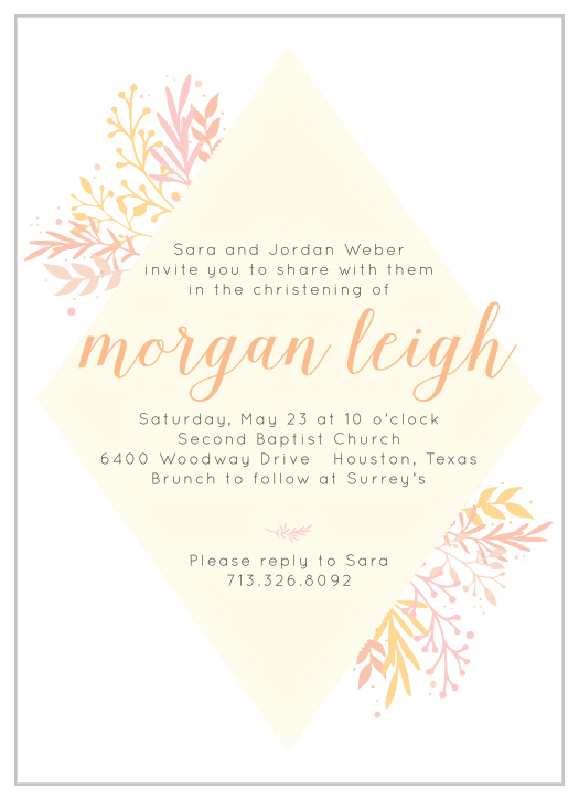 Whimsical foliage bursts from behind a diamond frame on the Diamond Botanic Girl Christening Invitations.
