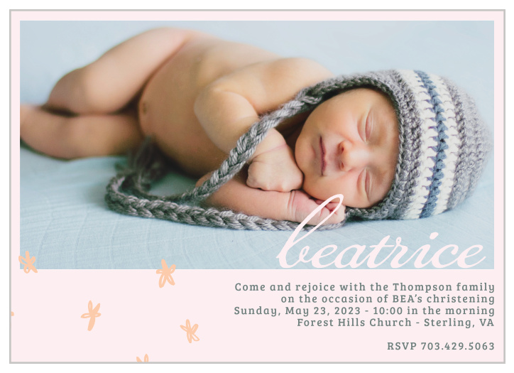 Fun hand-drawn flowers decorate the left-hand corner of the Doodle Petal Girl Christening Invitations. 