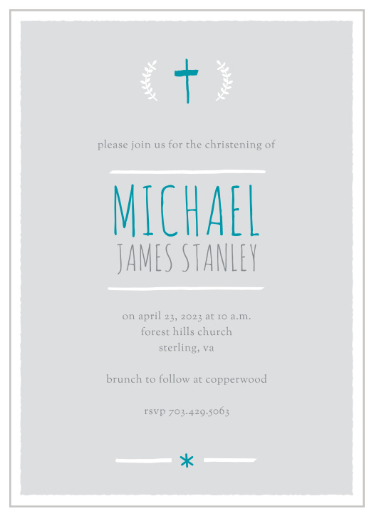 A hand-drawn cross and laurels top the Laurels and Cross Boy Christening Invitations. 
