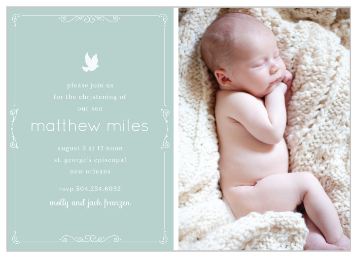 You're son's picture, a beautiful scrolling border and a dove illustration makes the Dovey Scrolls Boy Christening Invitations an endearing christening invite.
