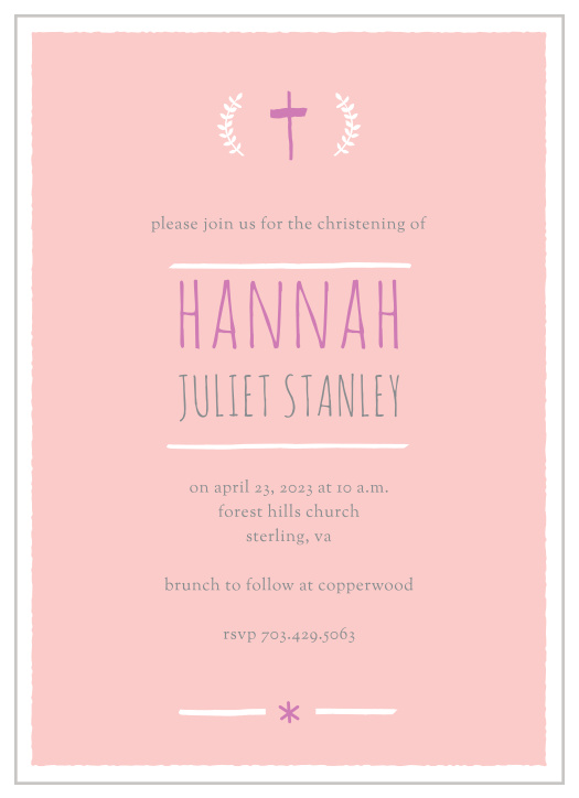 A hand-drawn cross and laurels top the Laurels and Cross Girl Christening Invitations.