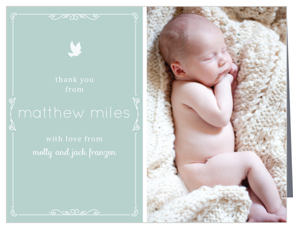 Share your son's photo with the Dovey Scrolls Boy Christening Thank You Cards. 