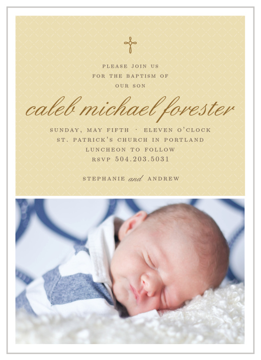 Design an invitation using your son's photo with the Tiny Cross Boy Christening Invitations.