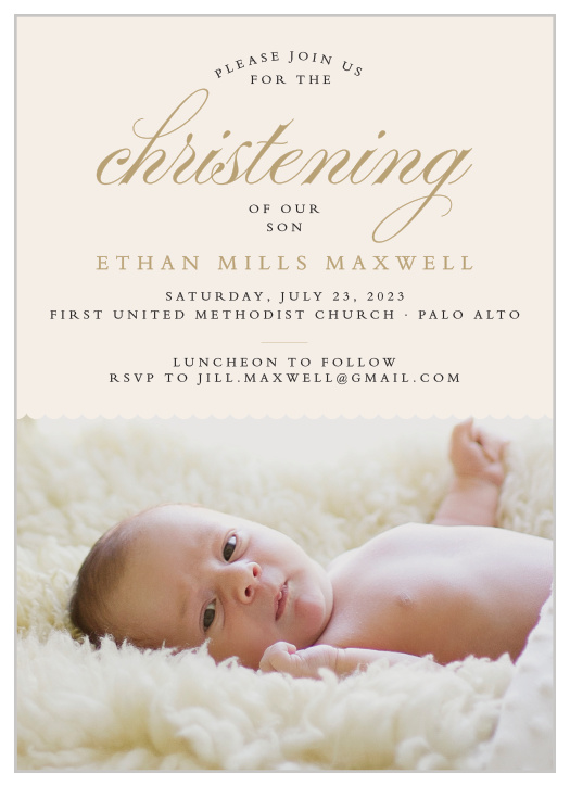 Elegant typefaces and a scallop border make the Scallops and Script Boy Christening Invitations an elegant way to gather friends and family for your child's christening. 