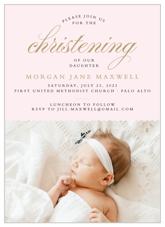 Elegant typefaces make the Scallops and Script Girl Christening Invitations a sophisticated way to gather friends and family for your child's christening. 