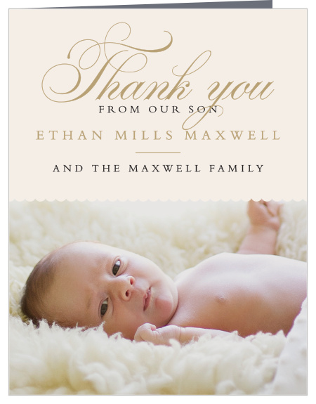 Share your appreciates for the friends and family who celebrated with you using the elegant typefaces and the scallop border of the Scallops and Script Boy Christening Thank You Cards.