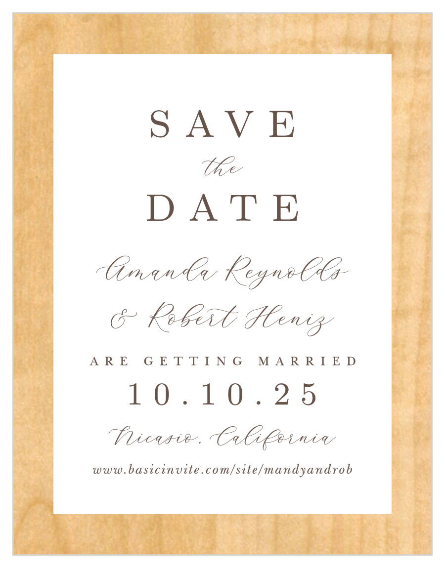 Refined Woodgrain Save the Date Cards by Basic Invite