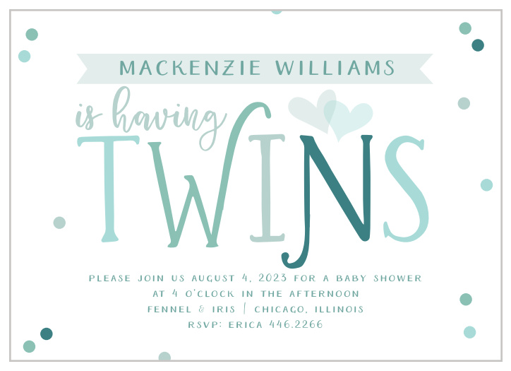 Invite your family and friends to celebrate the upcoming arrival of not only one baby, but two! Our Twins Confetti Baby Shower Invitations are the perfect kickstart to any twins-shower.