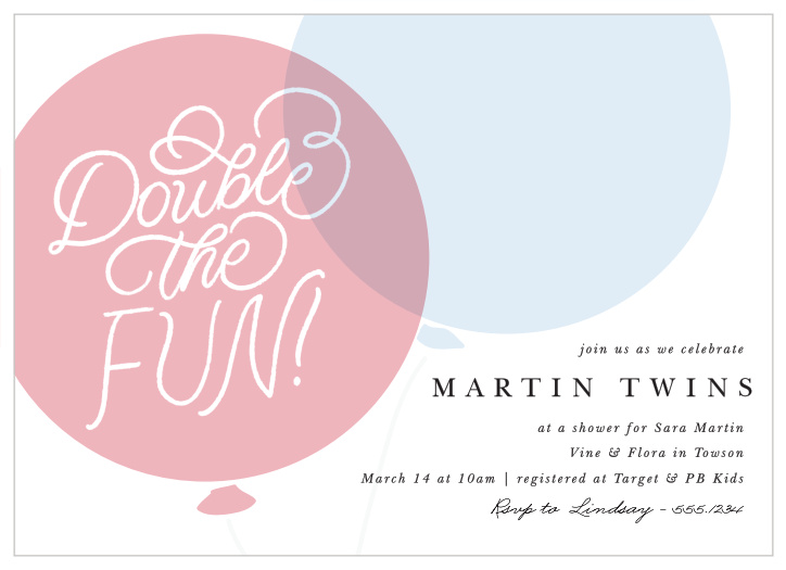 Our Double Balloons Baby Shower Invitations are a sweet design for any twins-shower!