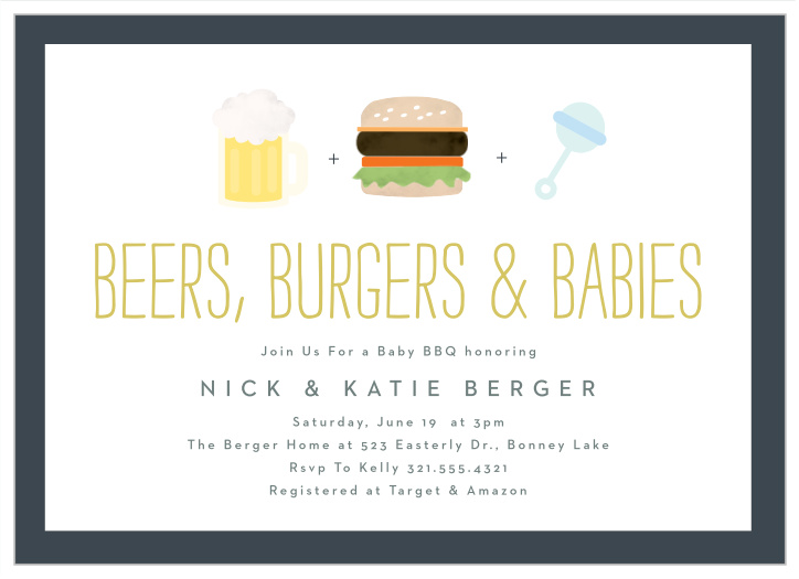 Throw a shower that is fun and bustling; send out our Beers Burgers Babies Baby Shower Invitations!