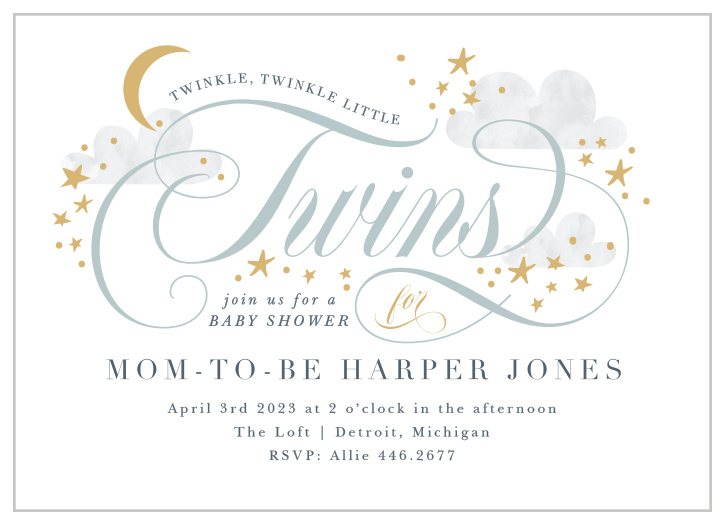 Surround yourself with family and friends to welcome your two newest additions with our Star Twins Baby Shower Invitations.
