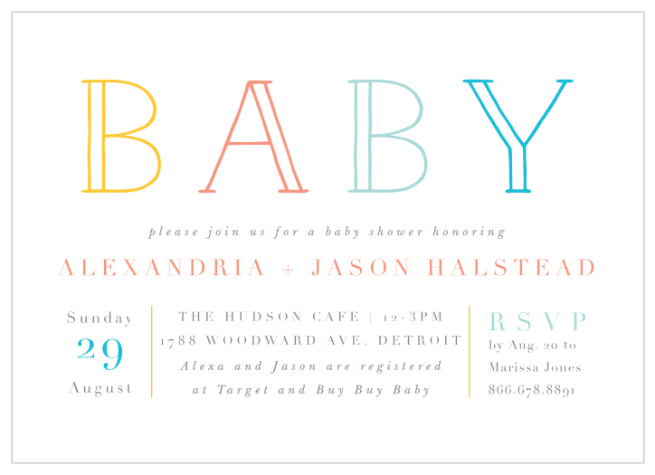 Our Rainbow Letters Baby Shower Invitations are the perfect way to surround yourself with your loved ones for some baby shower fun!