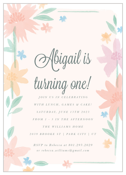 Celebrate your baby turning one with our Soft Wildflowers First Birthday Invitations!