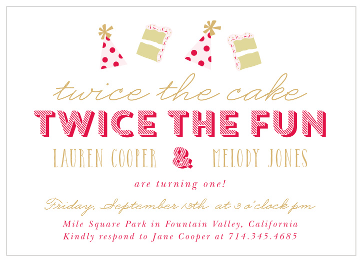 Celebrate your twins' big day with family and friends when you send out our Twice The Fun First Birthday Invitations.