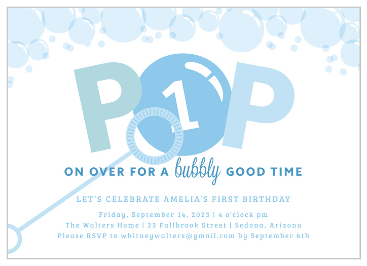 Get your guests ready for a blast with our Bubble Fun First Birthday Invitations.