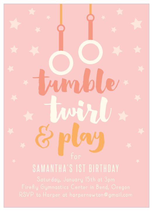 Have family and friends swing on over to play for your little one's big day with our Tumble & Twirl First Birthday Invitations!