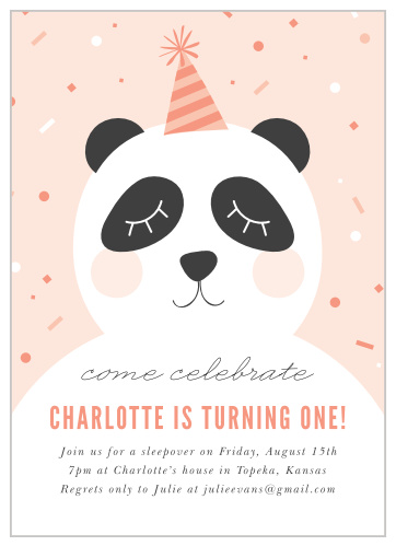 With a large, blushing panda adorning the card along with the party decorations and confetti that descend around it, our Party Panda First Birthday Party Invitations are an adorable representative of your child's birthday party!