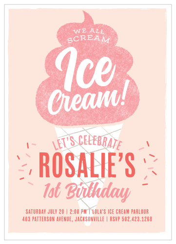 You scream, I scream, we all scream for Ice Cream! Show your guests how delicious your party will be with the Scream for Ice Cream First Birthday Party Invitation!