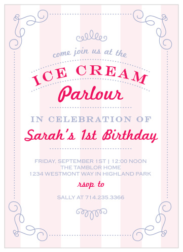 Show your guests how delicious your party will be with the Ice Cream Parlor First Birthday Party Invitations! 