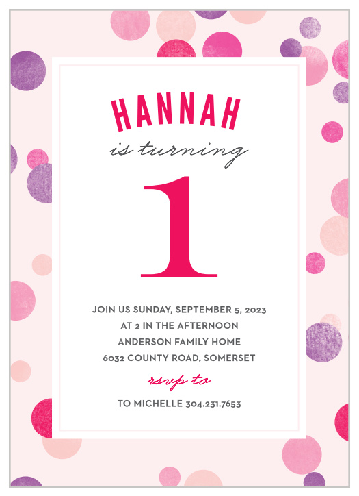 Share your special day by inviting guests with the Dotty Frame Girl First Birthday Party Invitations!