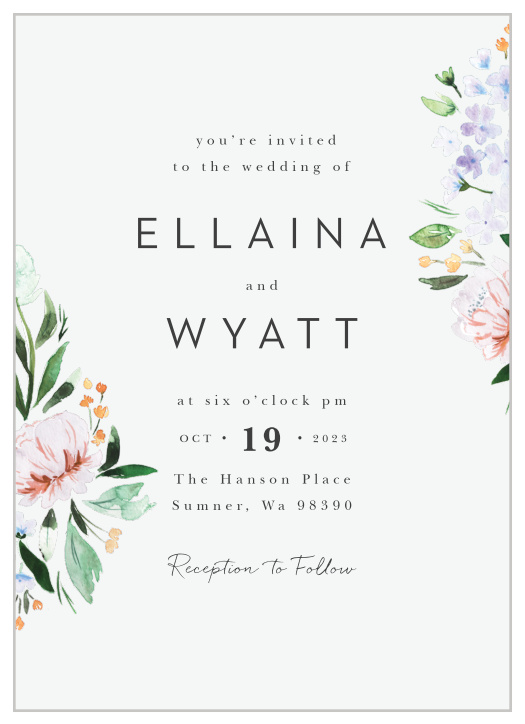 Our Floral Cascade Wedding Invitations come with bouquets of gorgeous multicolored watercolor flowers growing in from the edges of the frame, sure to fit any wedding theme.