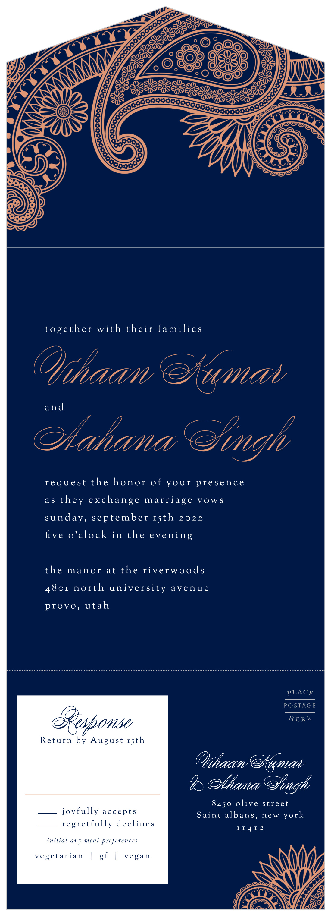 Indian Paisley Seal & Send Wedding Invitations by Basic Invite