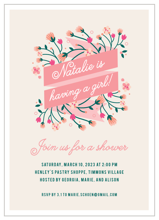 Gather your loved ones like bunches of flowers to celebrate your good news with our Ribbon Garden Baby Shower Invitations!